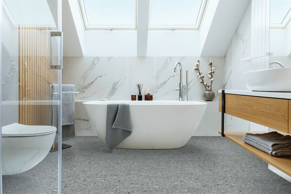 stone look flooring in bathroom